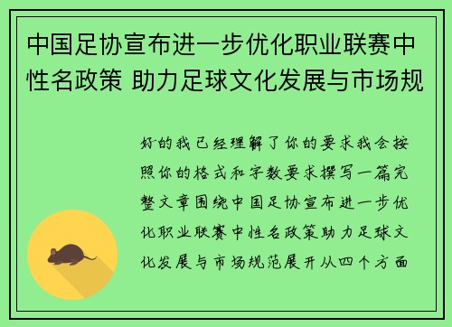 中国足协宣布进一步优化职业联赛中性名政策 助力足球文化发展与市场规范