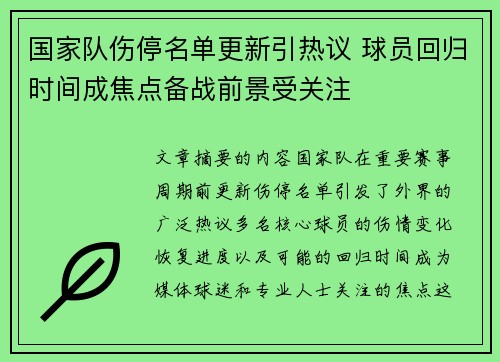 国家队伤停名单更新引热议 球员回归时间成焦点备战前景受关注